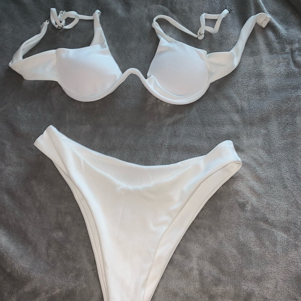 SHEIN white bikini with blue cheetah print wrap